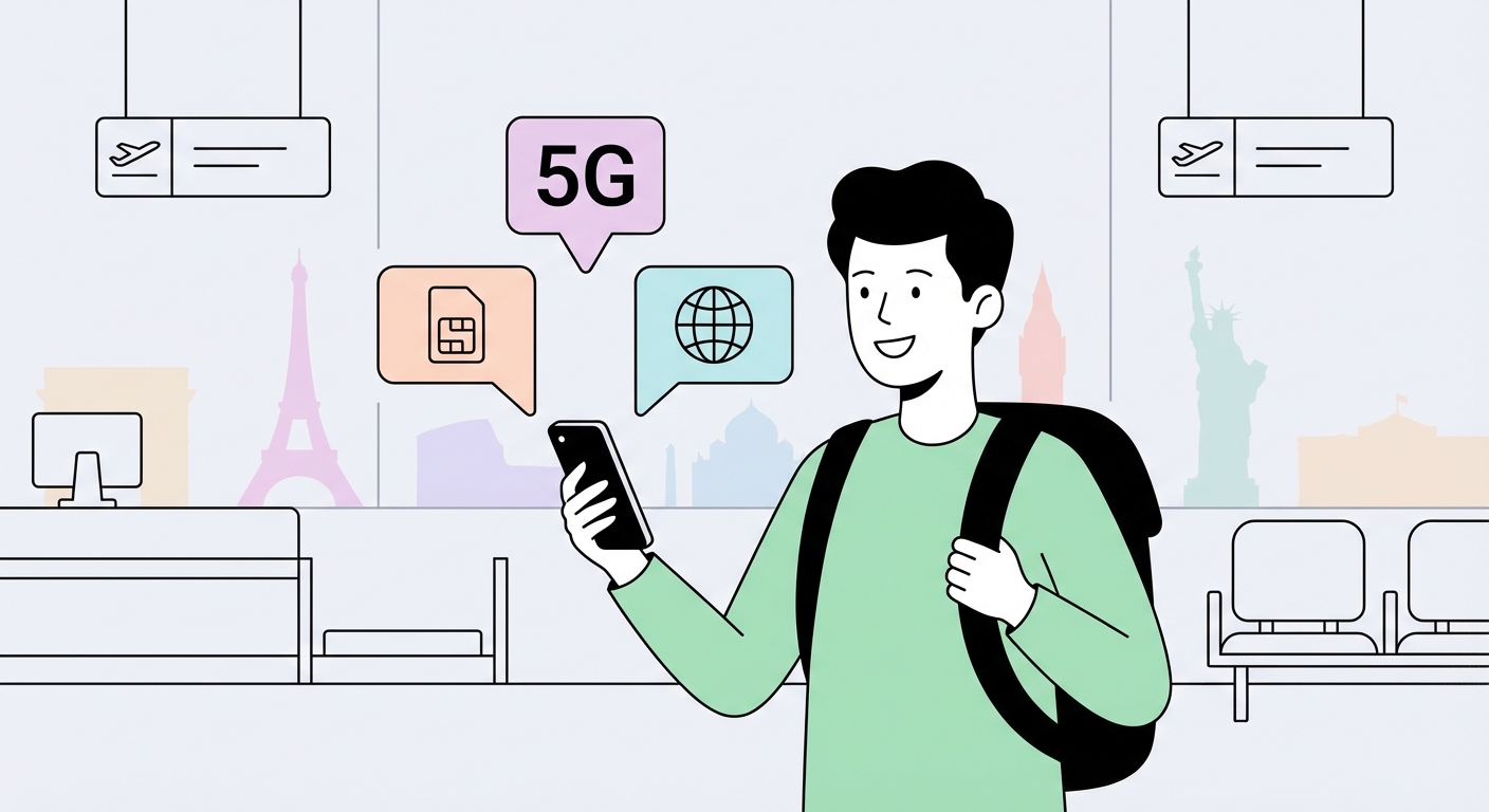 Traveler at airport with eSIM connectivity