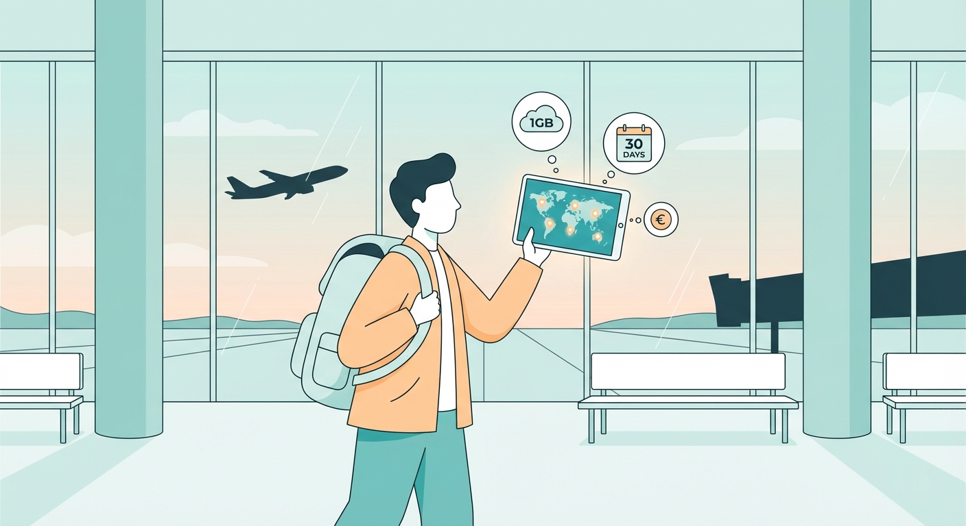 Choose your eSIM plan — traveler browsing destinations on tablet