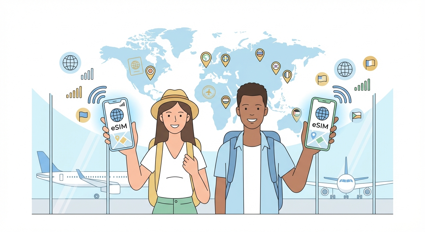Global eSIM travel illustration